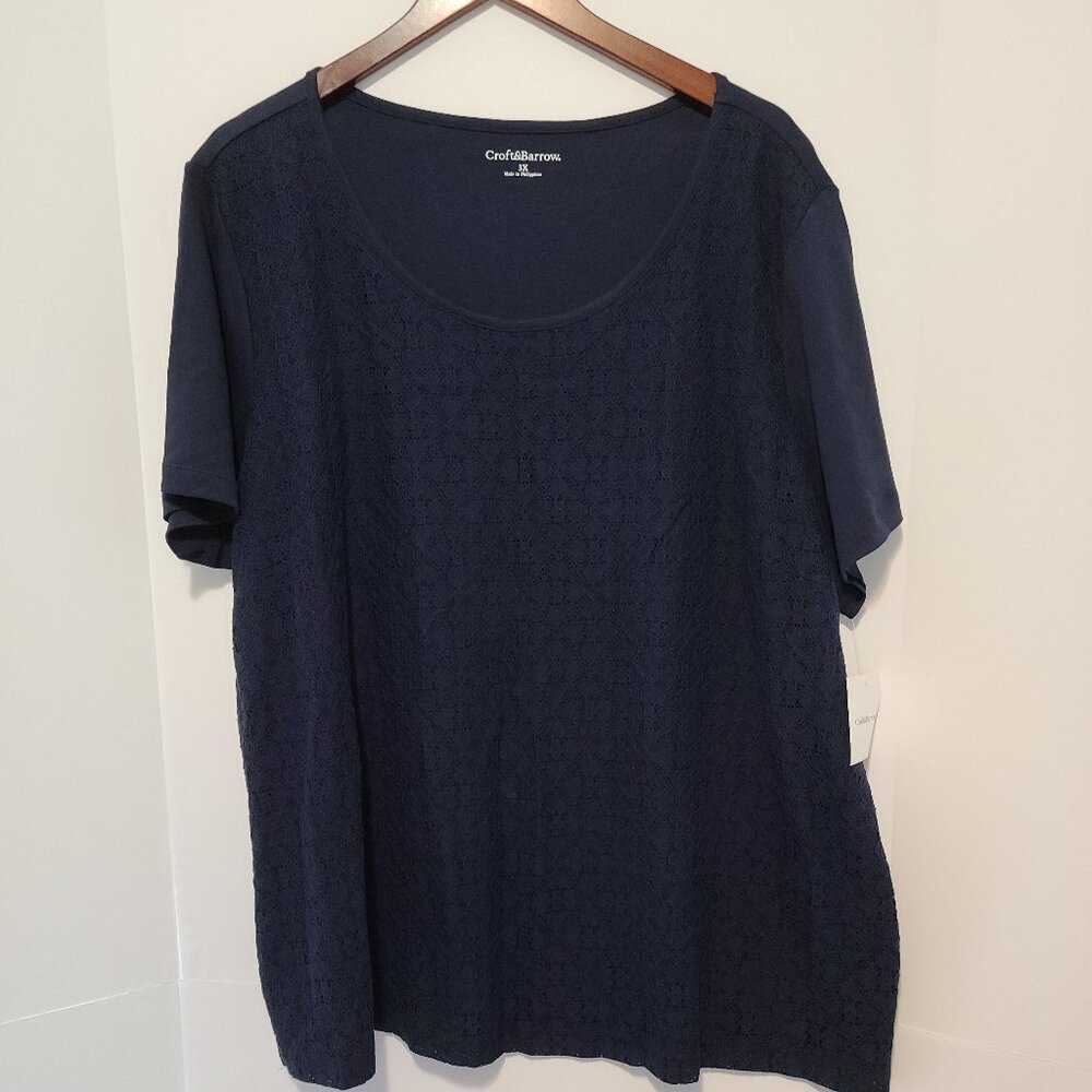 CROFT & BARROW CLASSIC WOMENS PULLOVER NAVY SEAL LACE ACCENT OVERLAY SIZE 3X